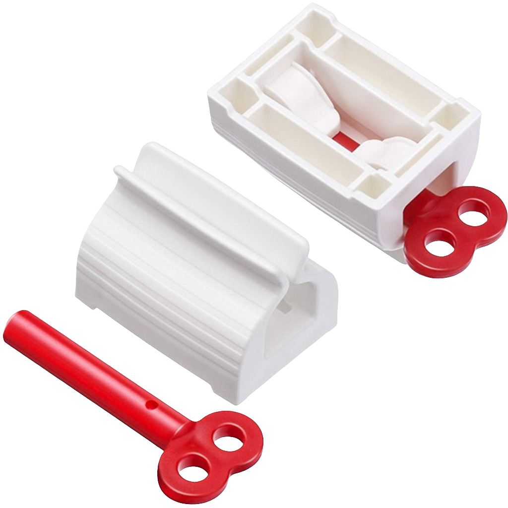 Two white plastic tube squeezers and a detached red winding key are displayed on a white background.