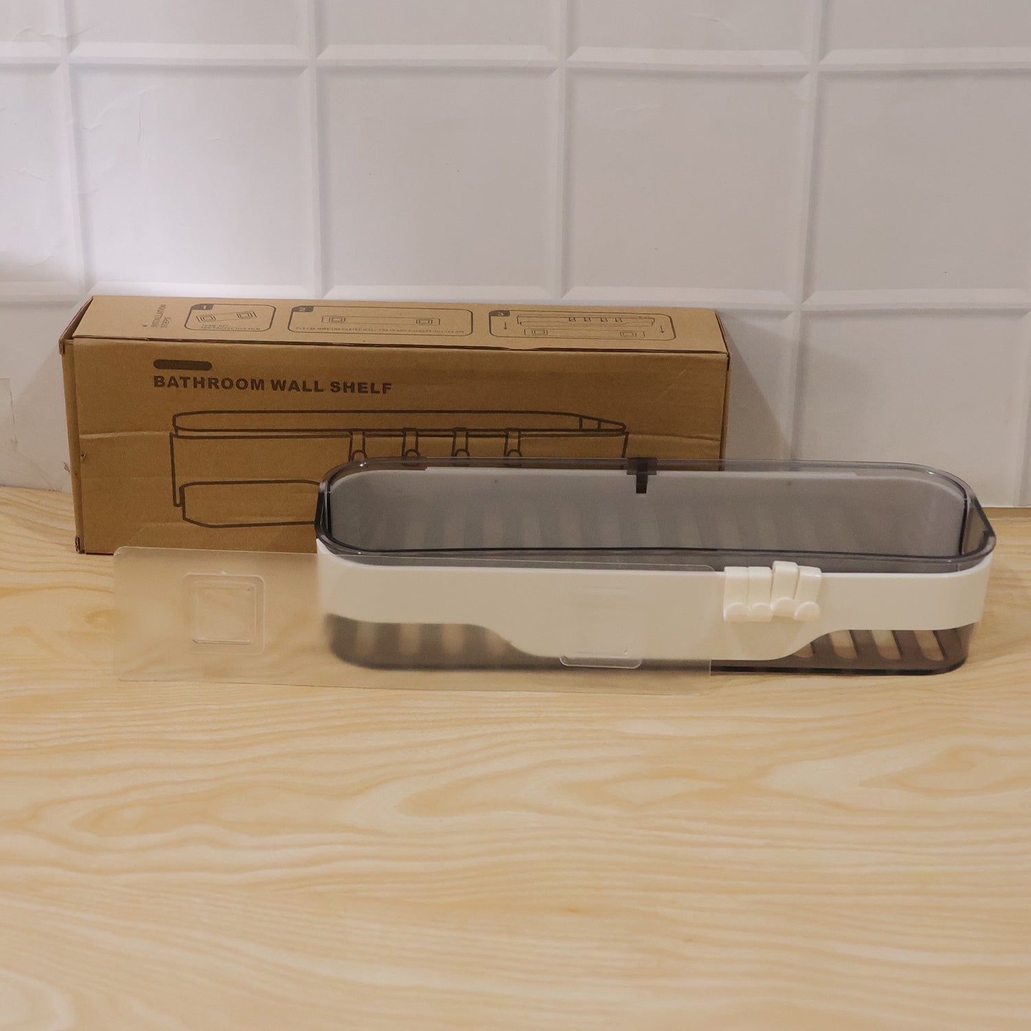 Installation perspective of transparent bathroom wall shelf