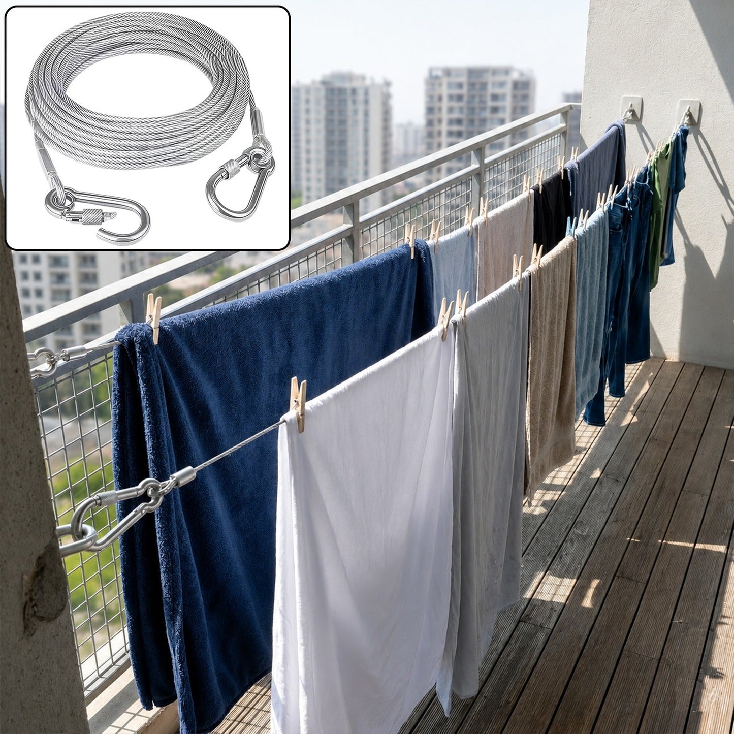 Cloth drying wire rope 5 meter stainless steel with carabiner hooks