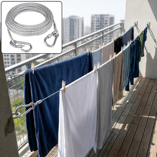 Cloth drying wire rope 5 meter stainless steel with carabiner hooks