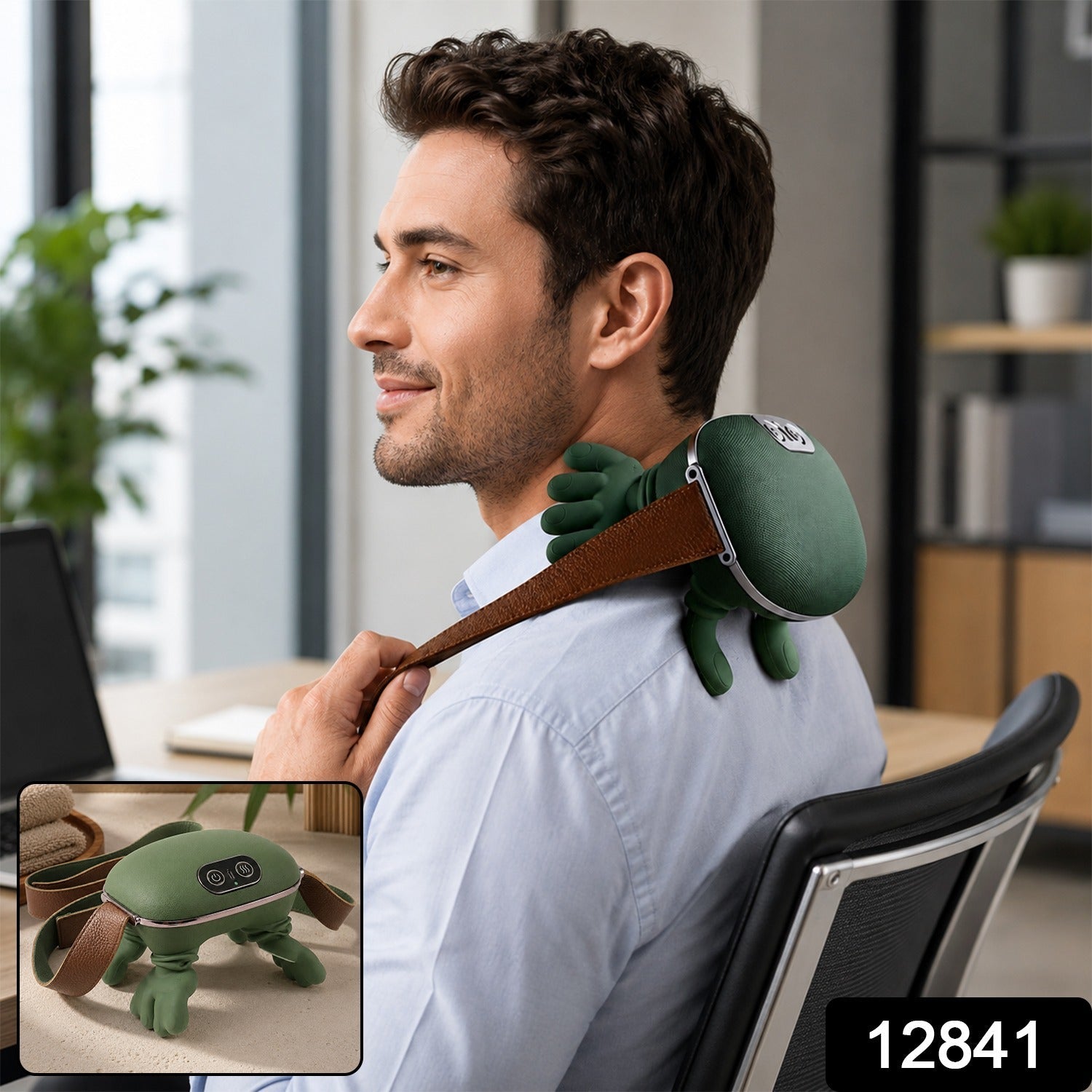 A man wearing a green bionic neck massager with brown straps over his shoulder in an office setting, with a product code