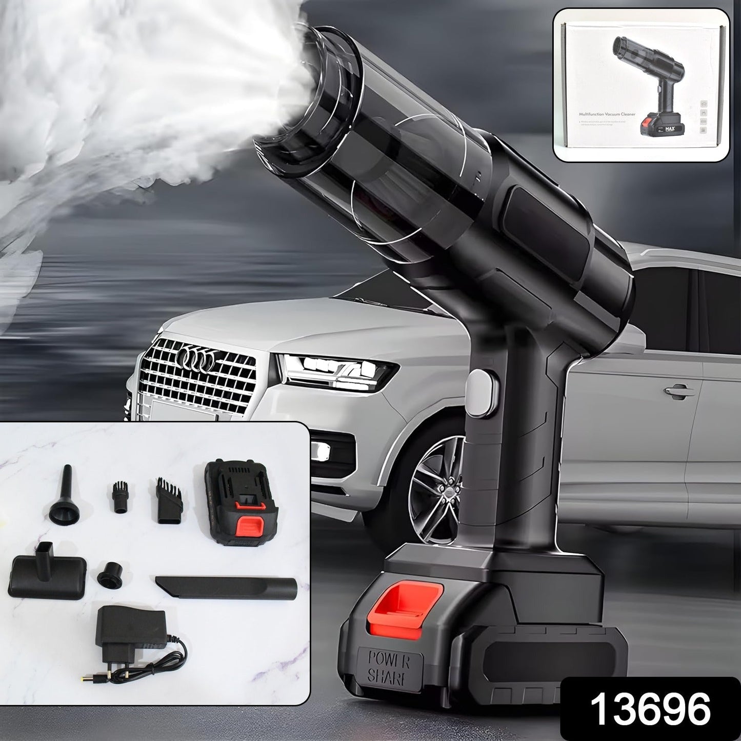 Black handheld vacuum cleaner expelling white mist, with various attachments and a charger displayed in the foreground, and