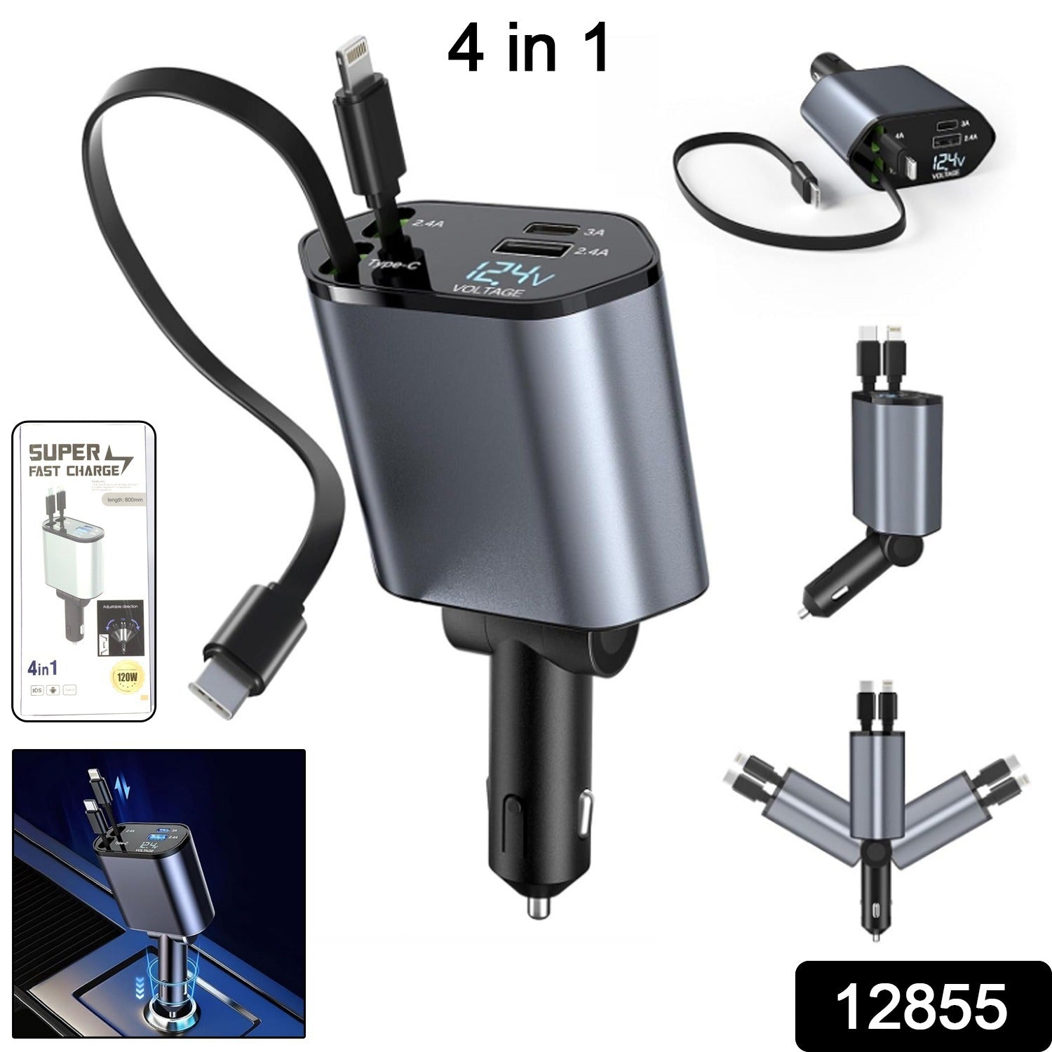 A collage shows the 4-in-1 car charger with retractable cables and various angles, including a compact and expanded view.