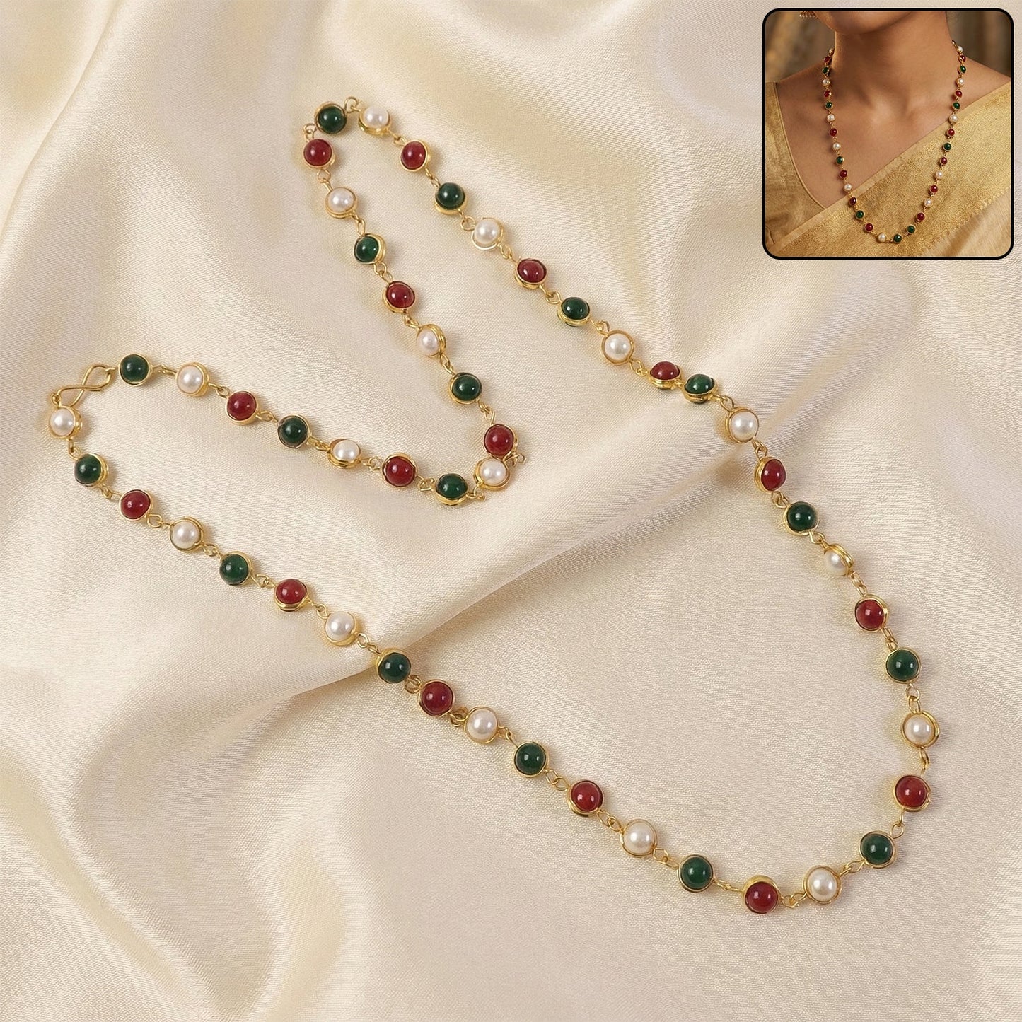 Multicolor beaded pearl necklace with red and green stone accents on gold finish chain