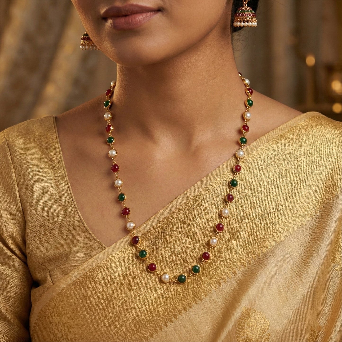 Traditional multicolor beaded jewelry necklace with pearl and stone beads