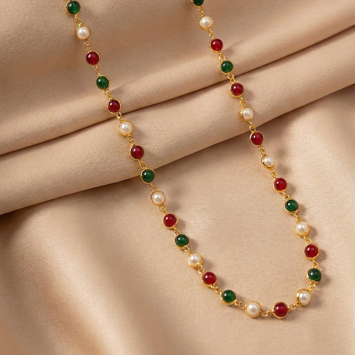 Festive wear necklace featuring multicolor beads and pearl accents