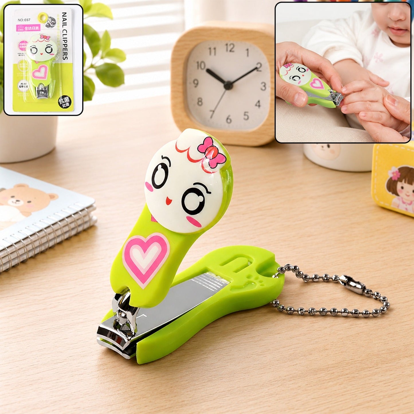 A green and white cartoon character nail clipper with a pink heart, next to a clock and a hand clipping a child's nail.