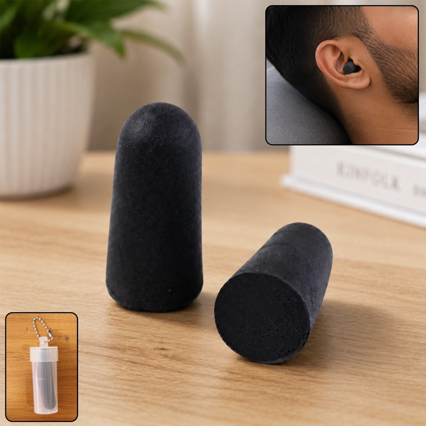 Two black foam earplugs stand on a wooden surface, with a man wearing one in his ear and a clear case shown in insets.