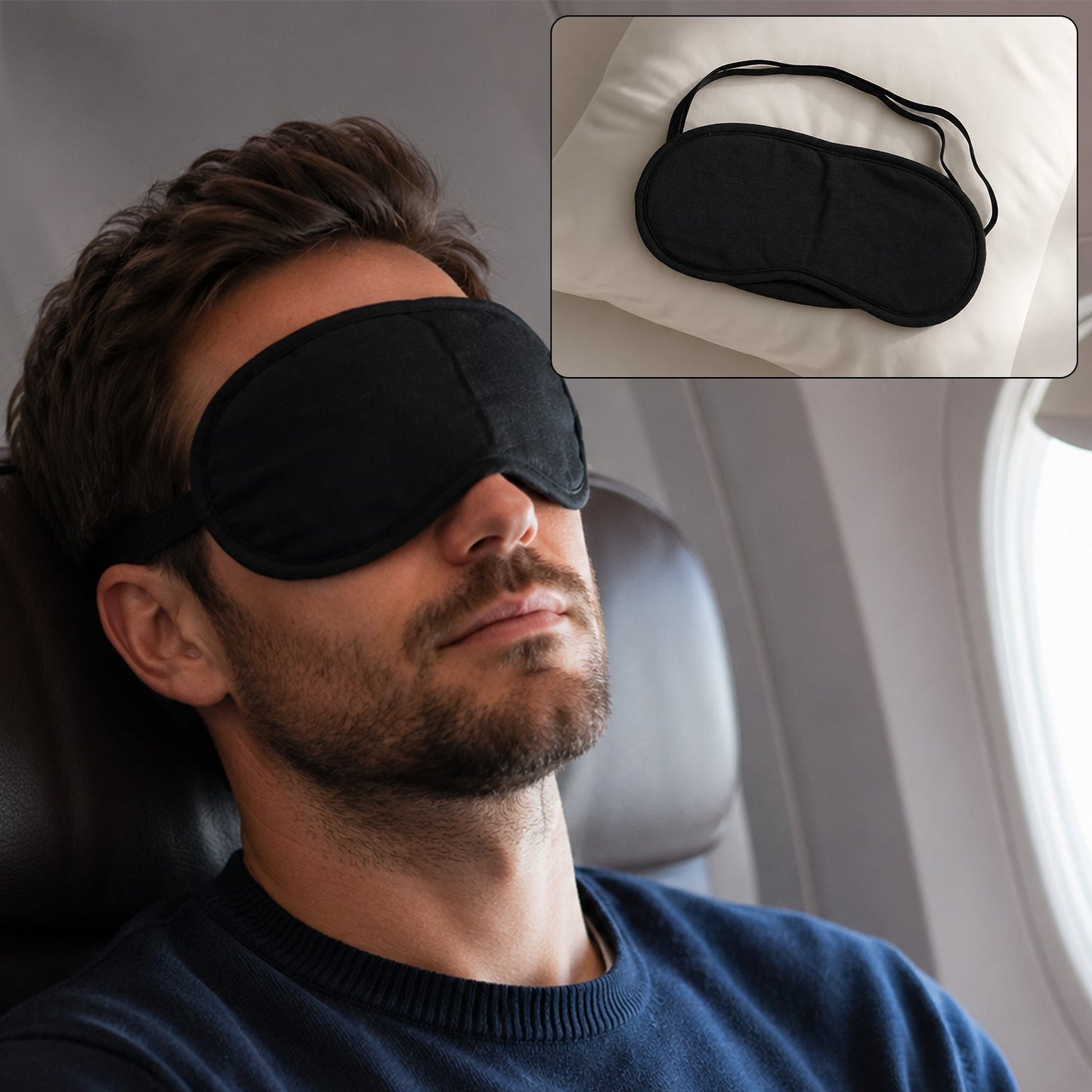 A man with a beard sleeps in an airplane seat wearing a black fabric sleeping mask, with an inset showing the mask on a