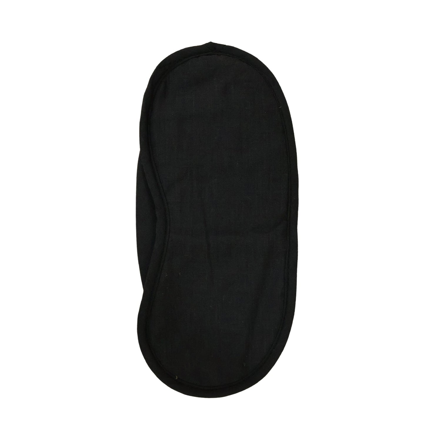 A black fabric sleep mask with an elastic strap, shown flat against a white background.