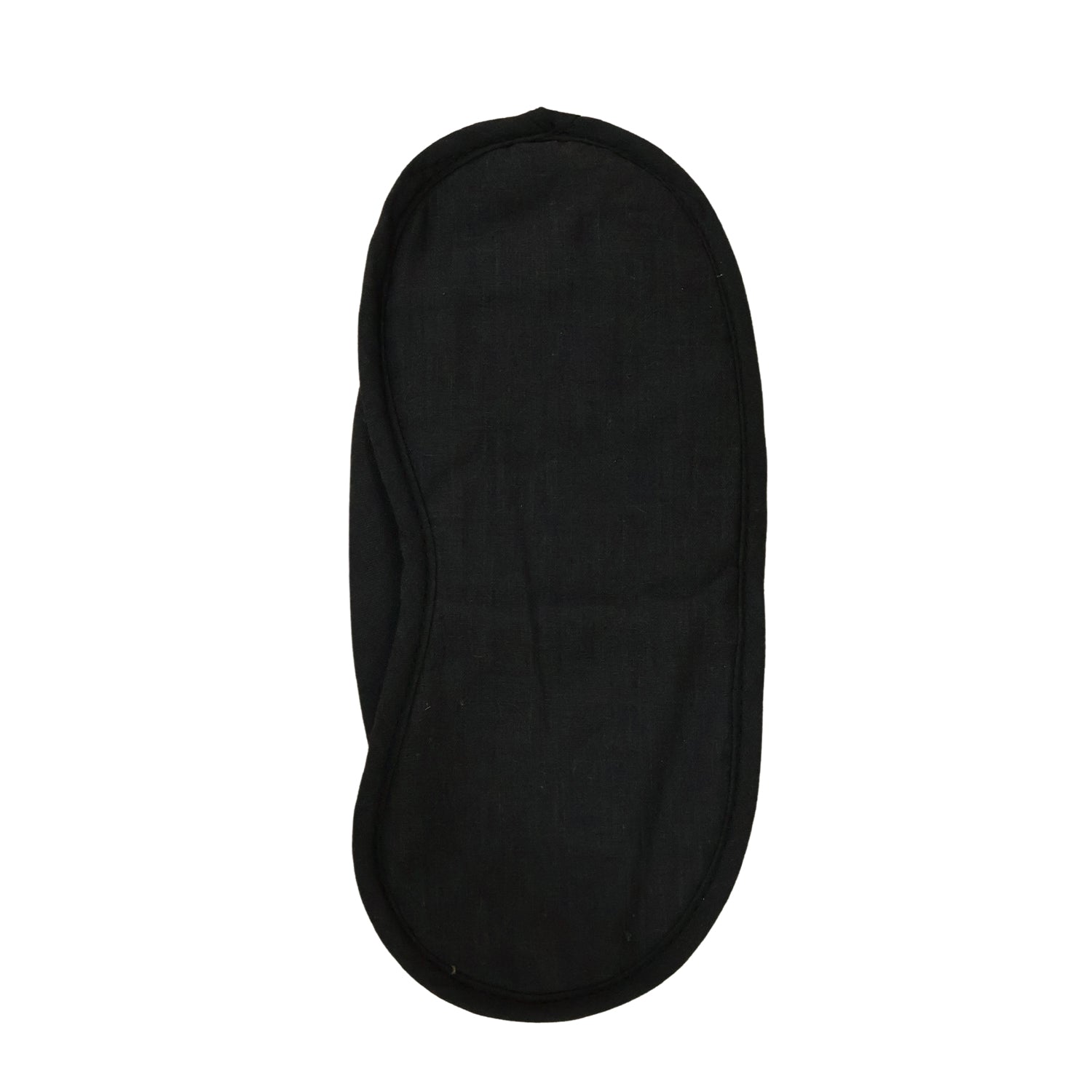 A black fabric sleep mask with an elastic strap, shown flat against a white background.