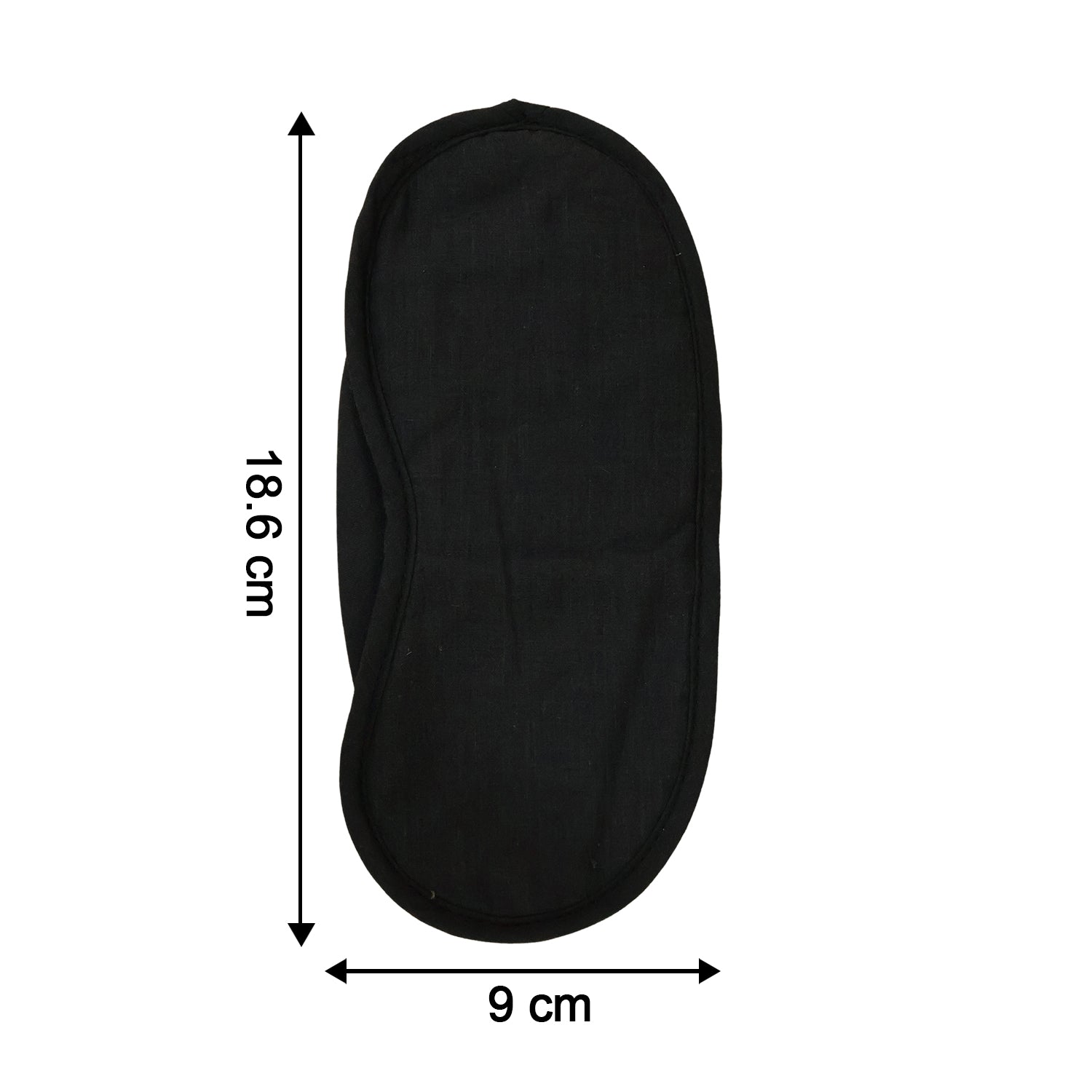 A black fabric sleep mask with an elastic strap, shown flat against a white background with dimensions of 18.6 cm by 9 cm.
