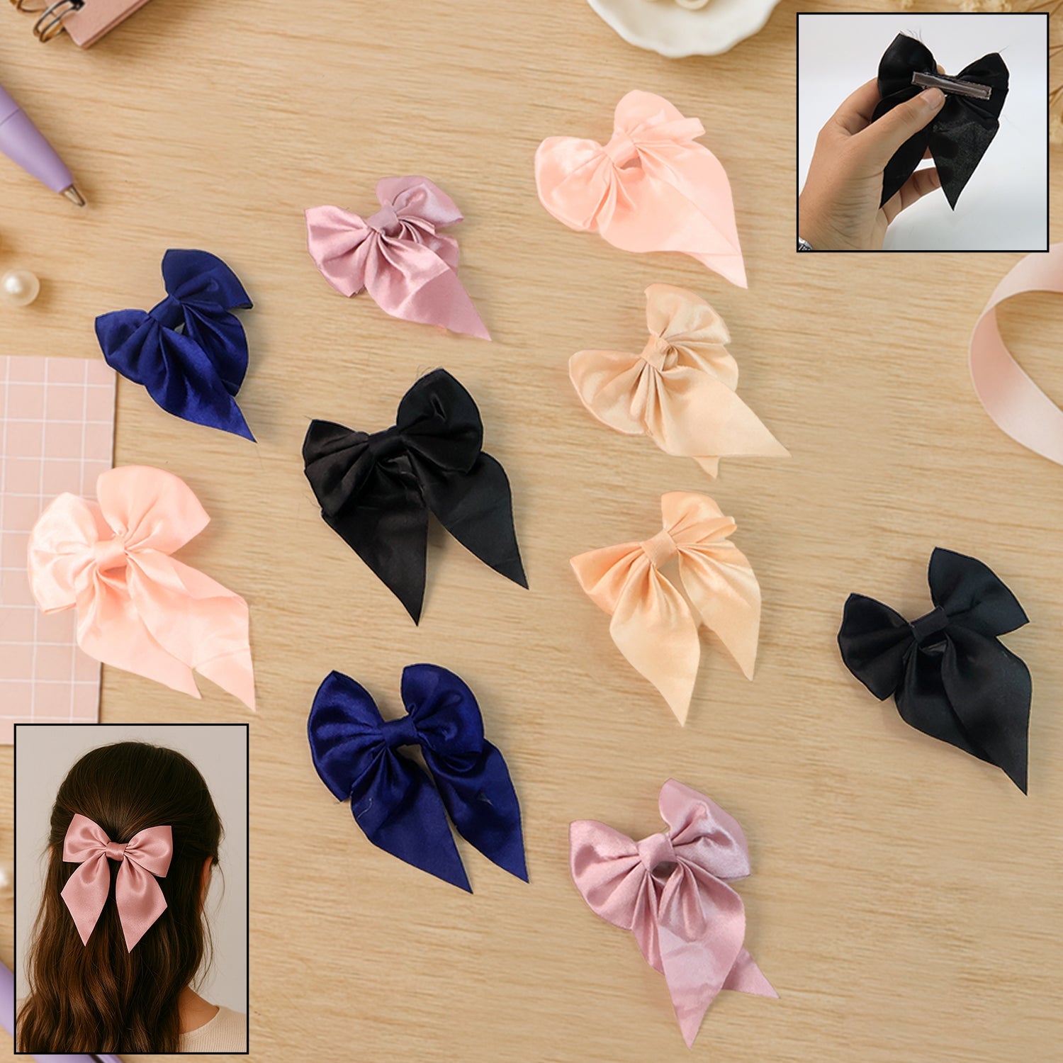 Set of satin bow hair clips with glossy finish and alligator clip fastening