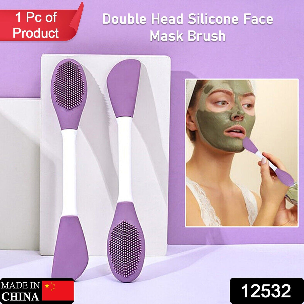 Two purple and white double-headed silicone mask brushes on a white background. Inset: a woman applying a green face mask