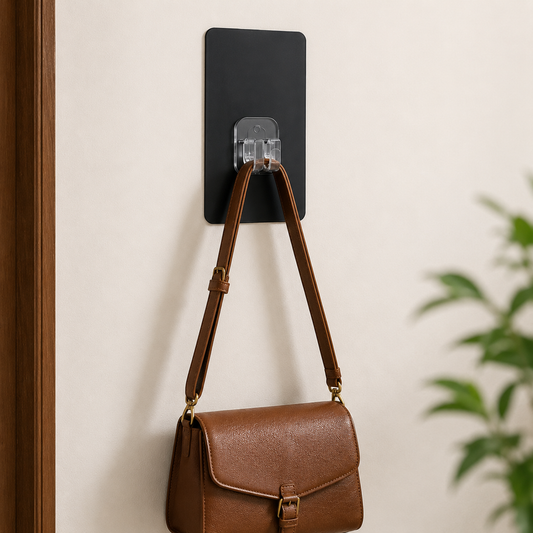 A brown leather shoulder bag hangs from a black rectangular adhesive wall hook with a clear plastic hook.