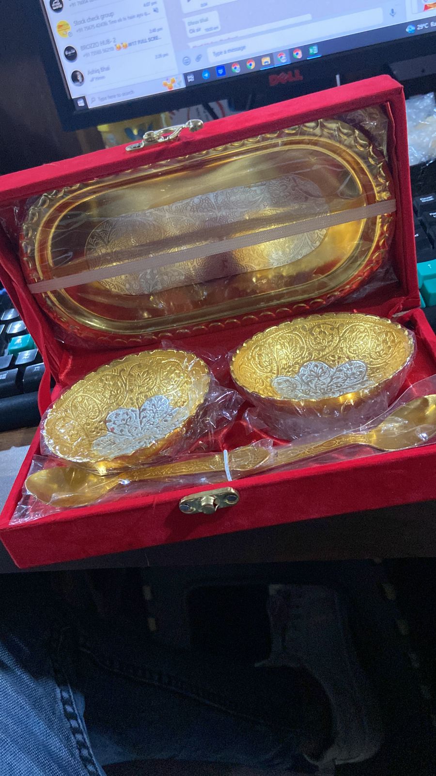 Artistic shot highlighting the craftsmanship of the gold and silver plated brass serving set elements.