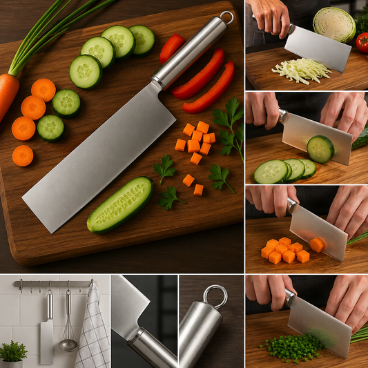 A stainless steel cleaver knife rests on a wooden cutting board surrounded by sliced cucumbers, carrots, red bell pepper,