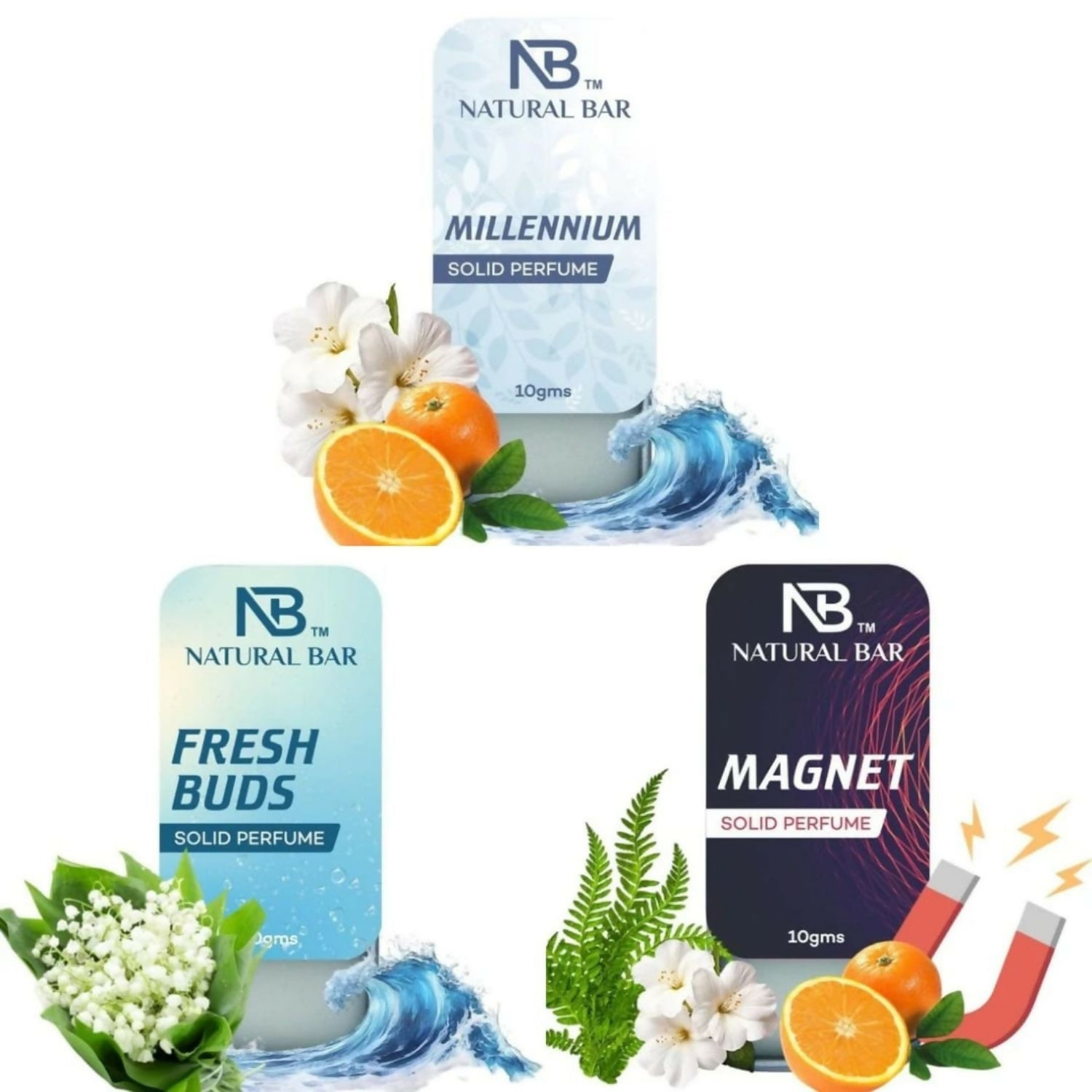 Millennium, Fresh Buds And Magnet Solid Perfume Combo, Alcohol Free Cologne Strong & Lasting Fragrance, Gifting for Him & Her (10gms/3Pc)