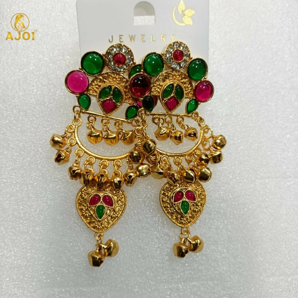 Kasmiri Gold-Plated Chandbali Earrings with Green & Pink Stones