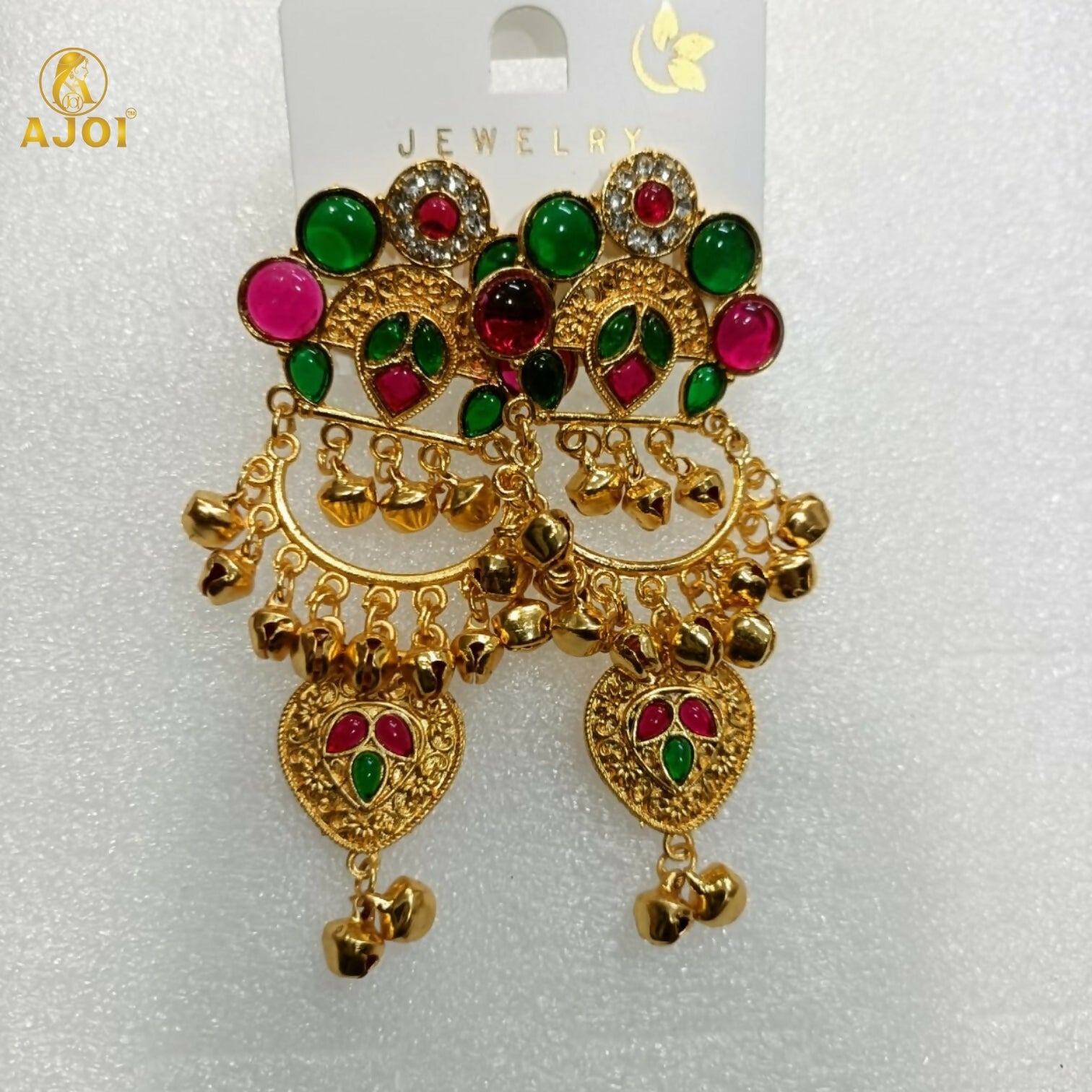 Kasmiri Gold-Plated Chandbali Earrings with Green & Pink Stones