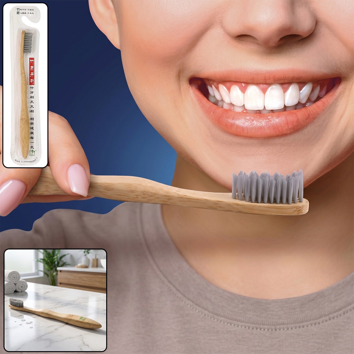 A person with a bright smile holds a bamboo toothbrush with grey bristles near their mouth, with a packaged toothbrush