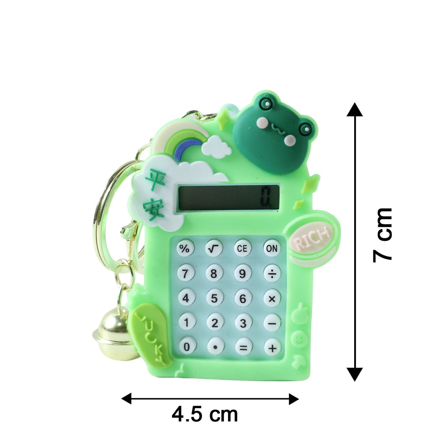 Size reference image of frog calculator keychain showing compact dimensions