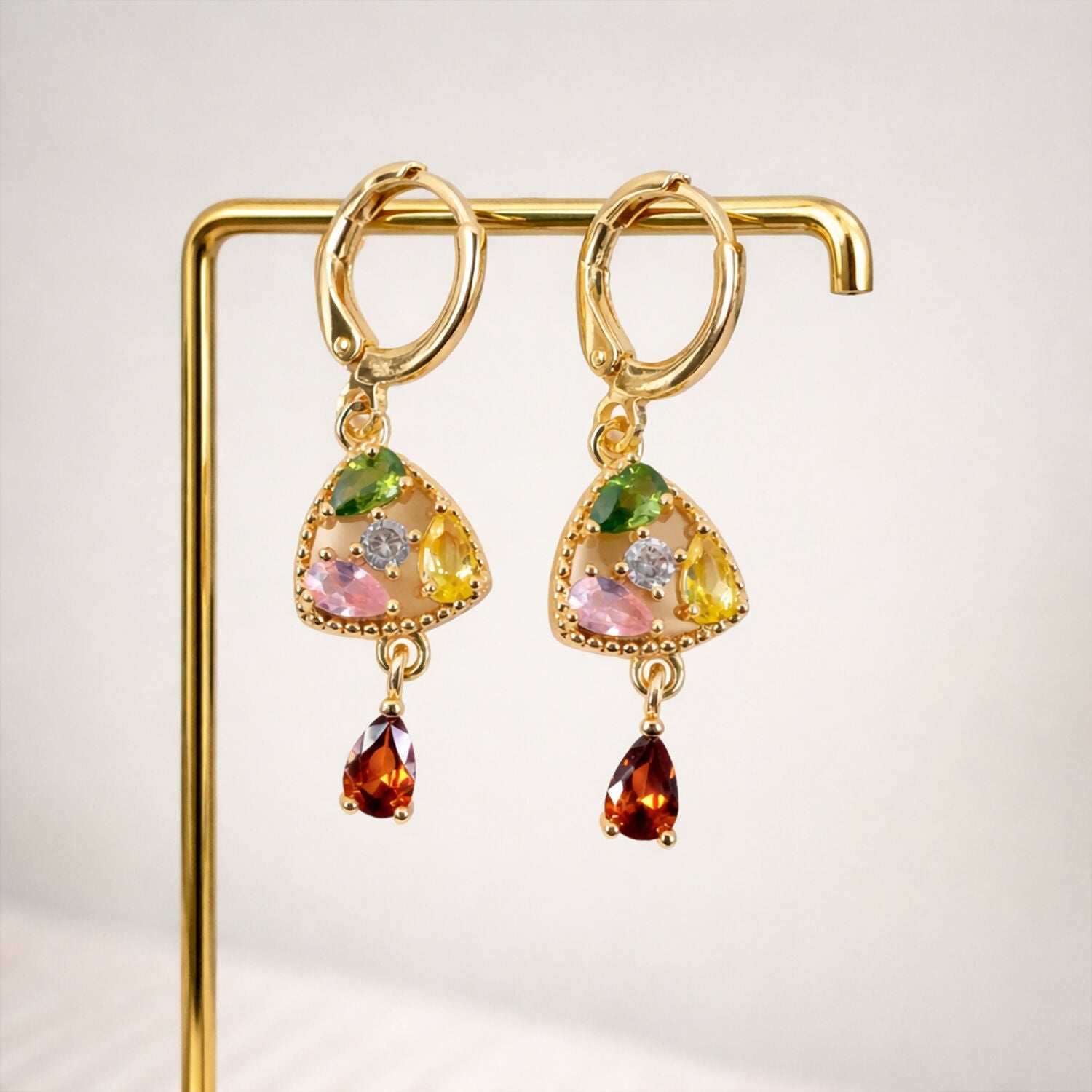 Gold-Tone Multicolor Stone Drop Earrings with Hoop Lock for Women & Girl