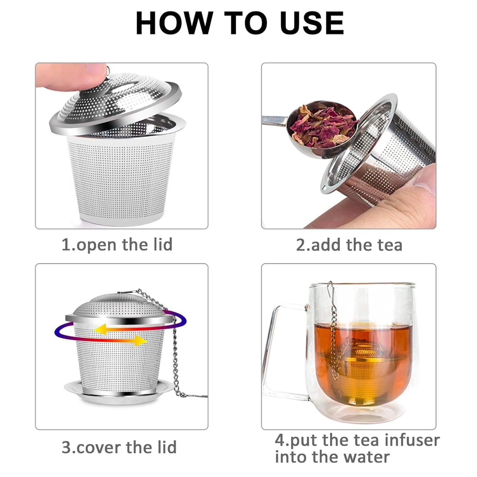 A four-panel instructional image demonstrating how to open, fill, close, and use a stainless steel tea infuser in a mug.
