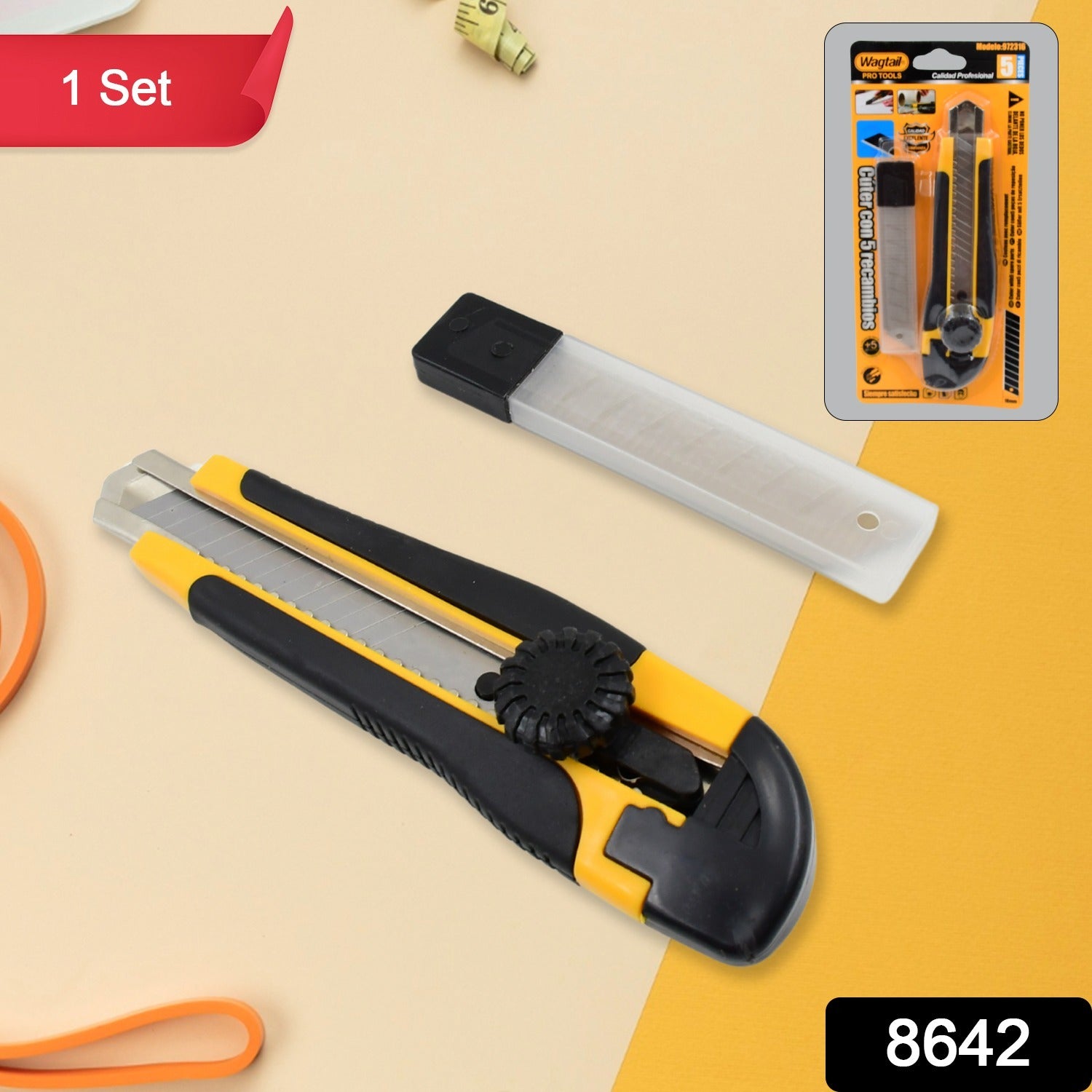 A black and yellow utility knife with a blade case and product packaging are displayed on a two-tone background.