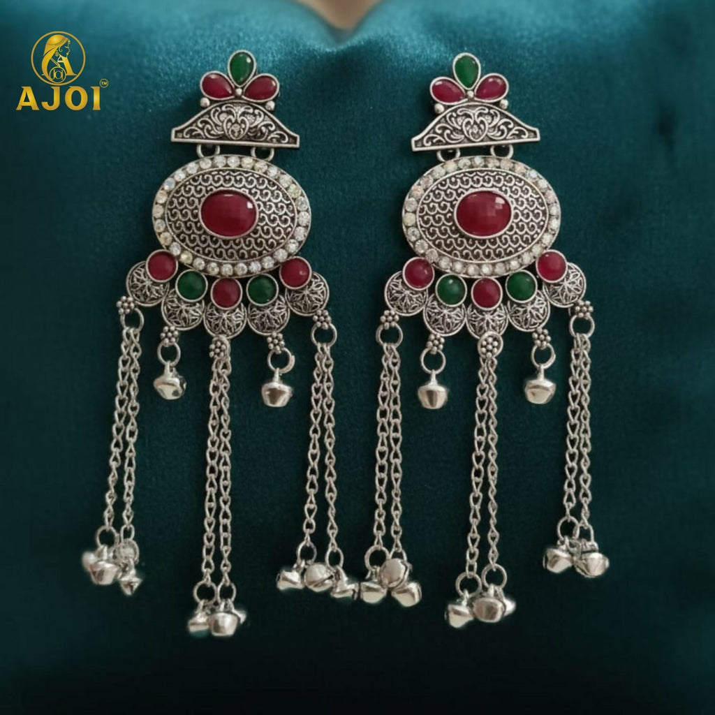 Kashmiri Style Oxidised Silver Long Earrings For Women And Girls