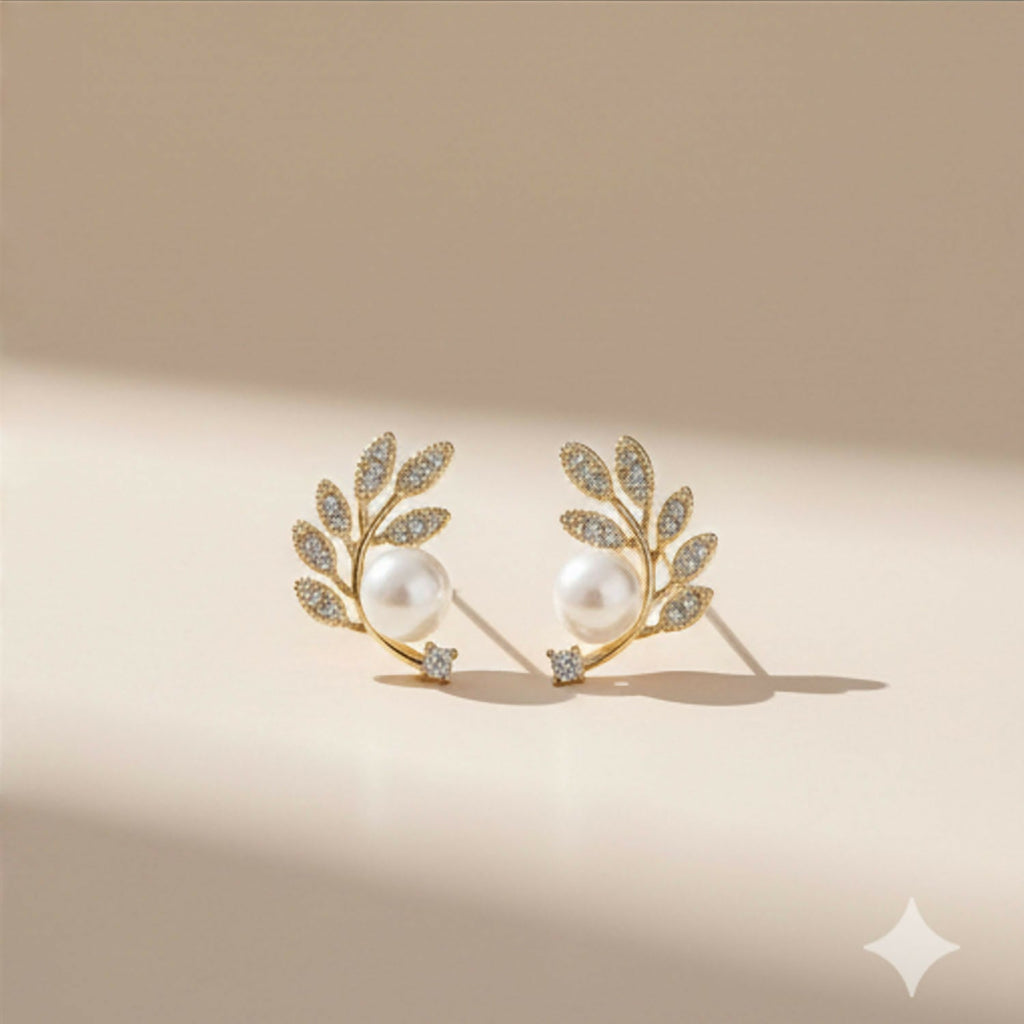 Luxurious Crystal Leaf & Pearl Ear Climbers – 14K Gold Plated Botanical Studs