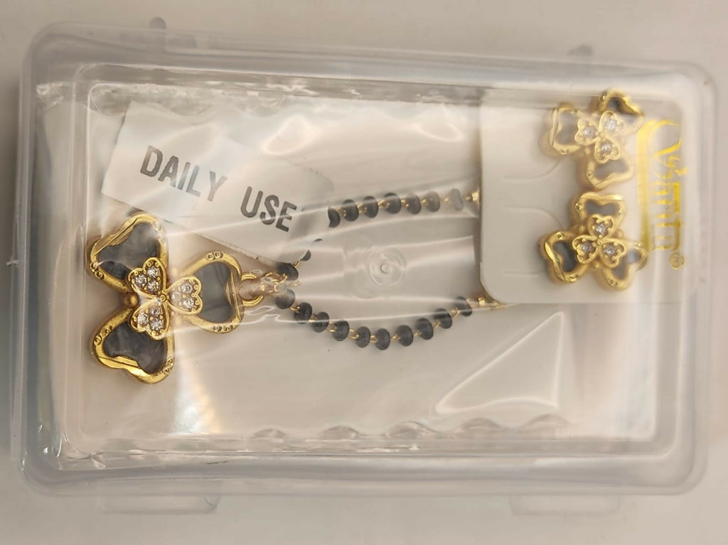 Gold-Plated AD Floral Mangalsutra Set with Clover Stud Earrings for women