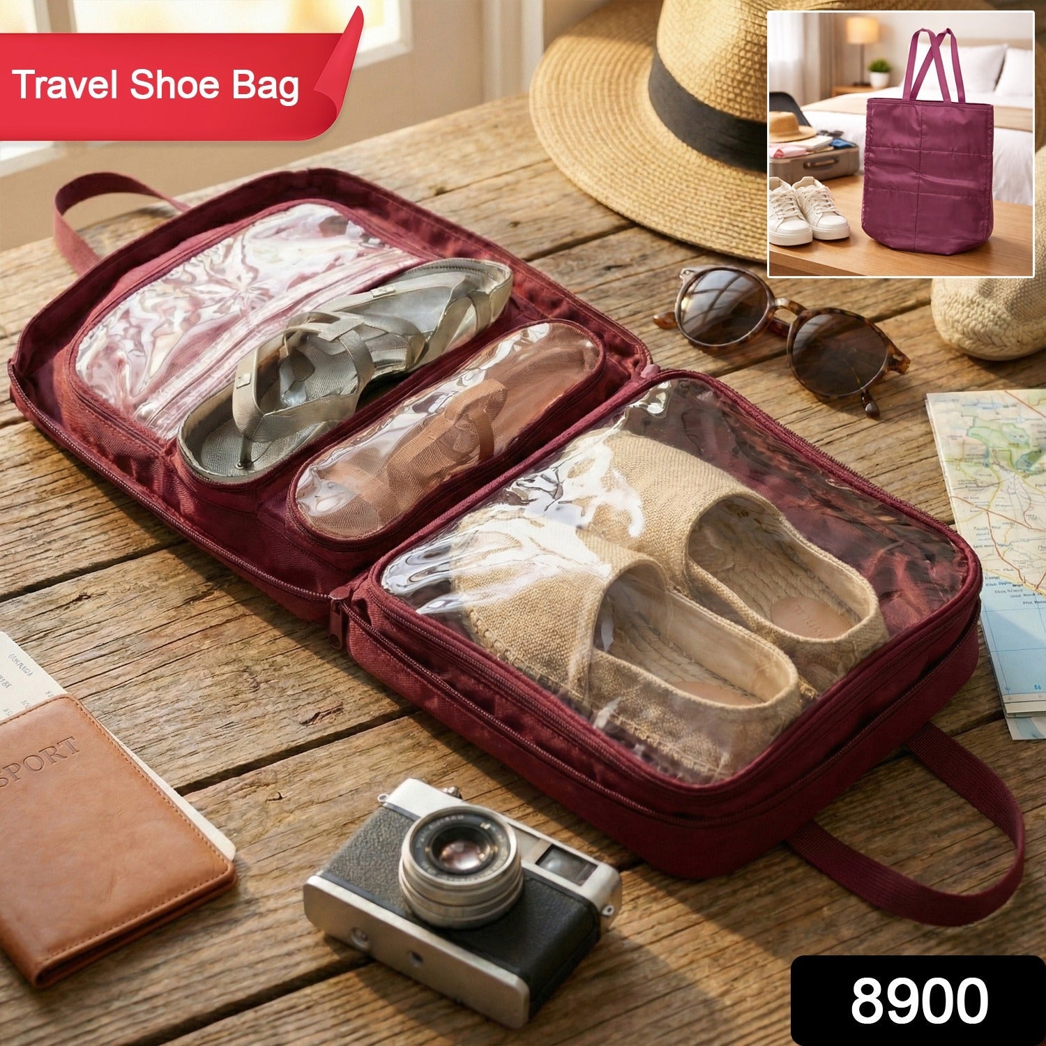 Travel shoe bag with durable fabric and dual carry handles for easy portability