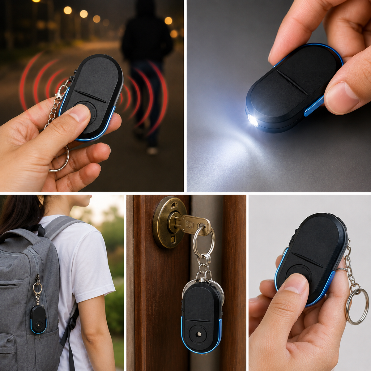 A hand holds a black and blue personal safety alarm keychain with red sound waves emanating from it, with a person in the