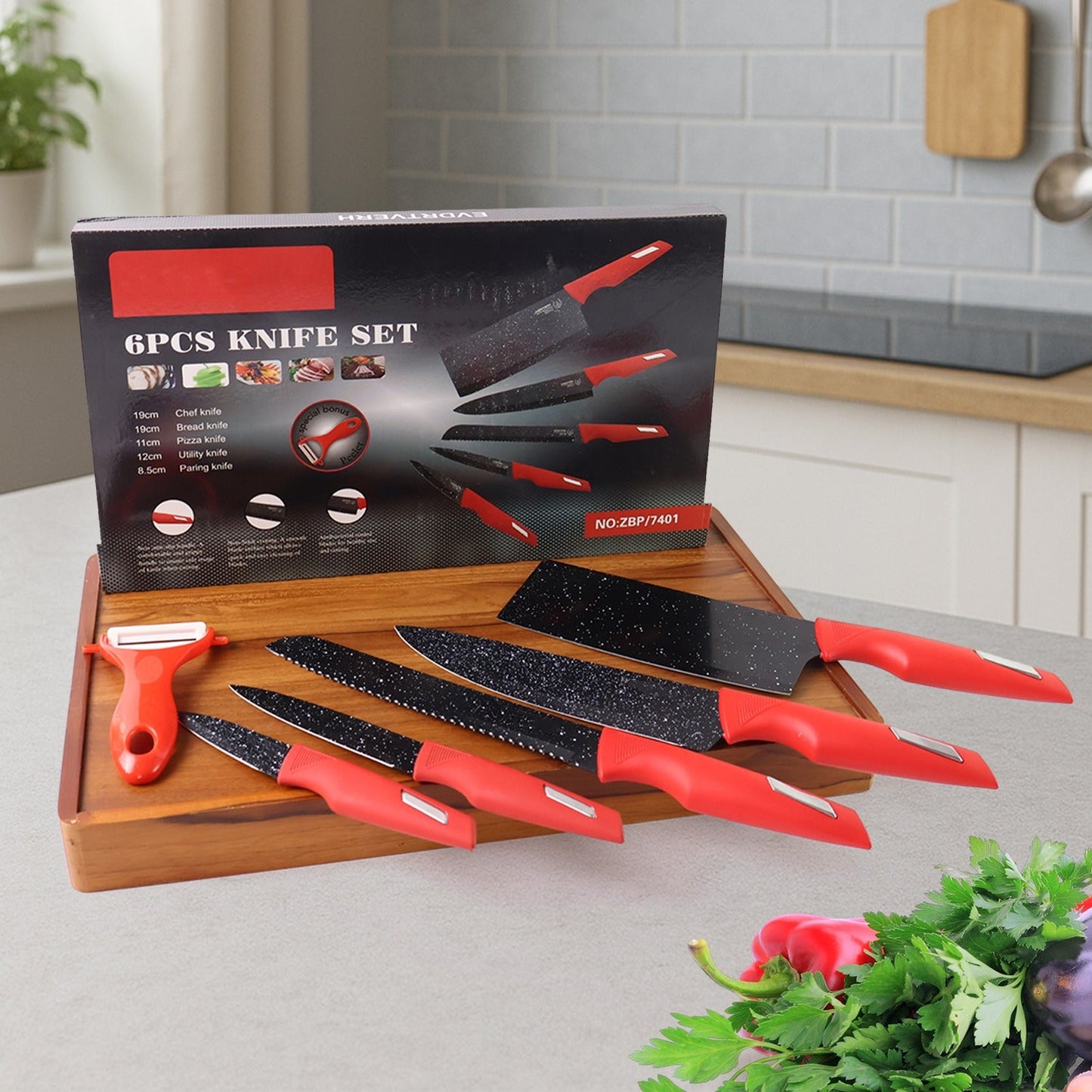 6-piece kitchen knife set with marble-coated stainless steel blades and red handles