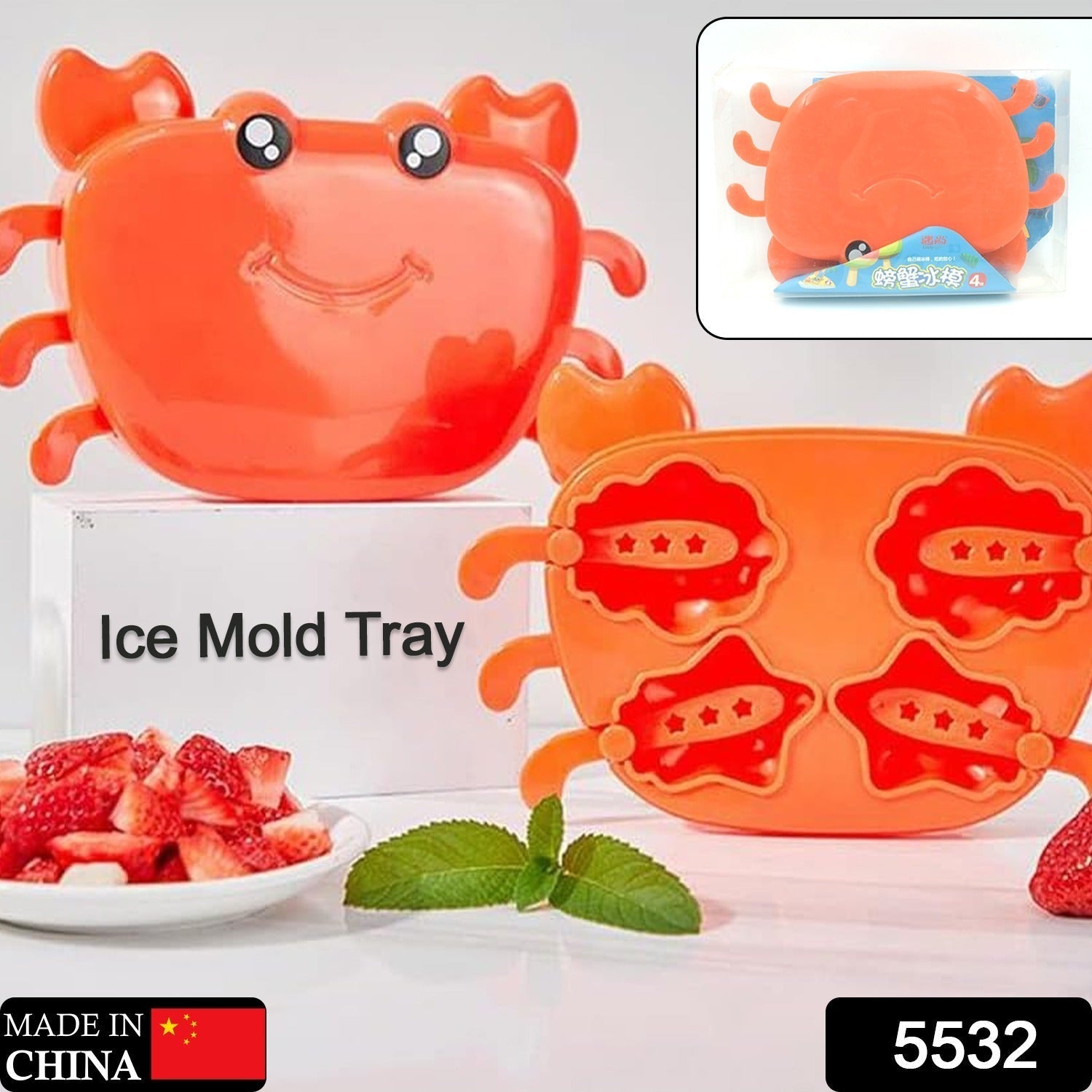An orange crab ice mold with a tray of strawberries and a mint sprig, with product details in the background.