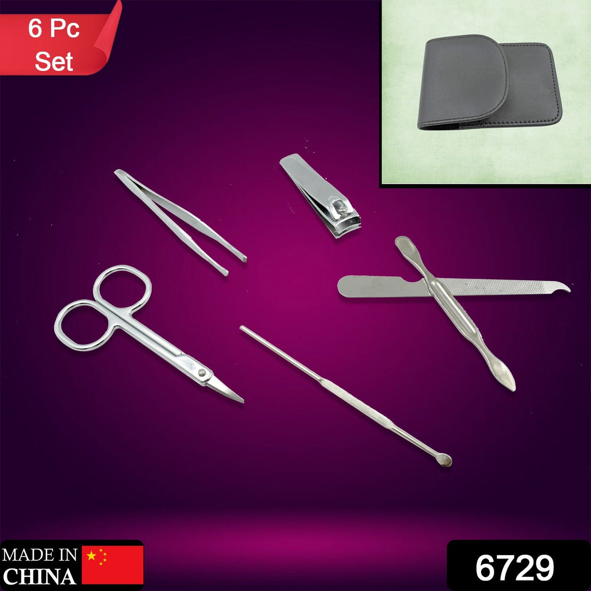 Six silver manicure tools and a closed black leather case arranged on a deep purple background.