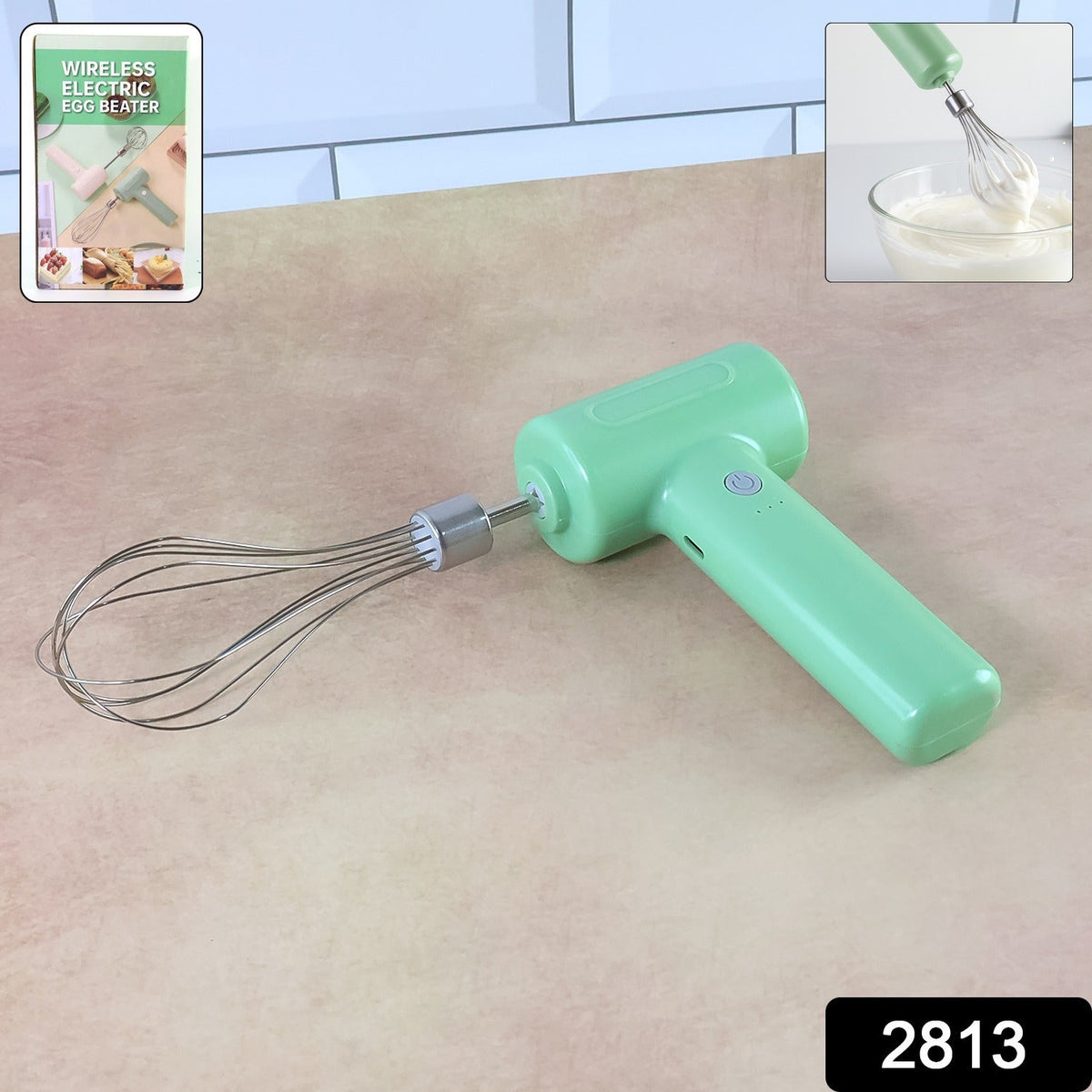 Light green cordless electric whisk on a brown counter; an inset shows the whisk in use and a product label.