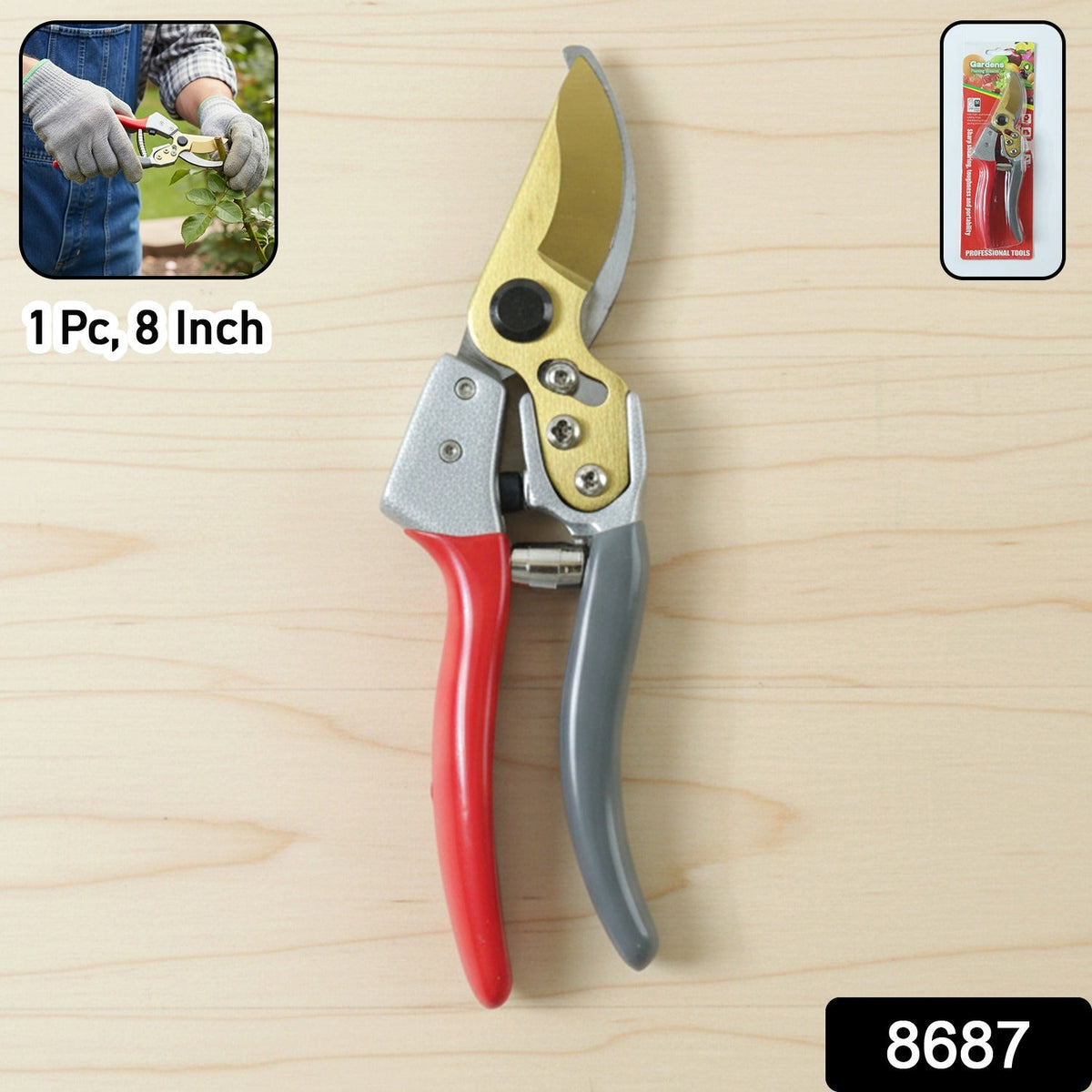 Red and grey garden shears with gold blades on a light wooden surface, with insets showing use, packaging, and text '1 Pc, 8