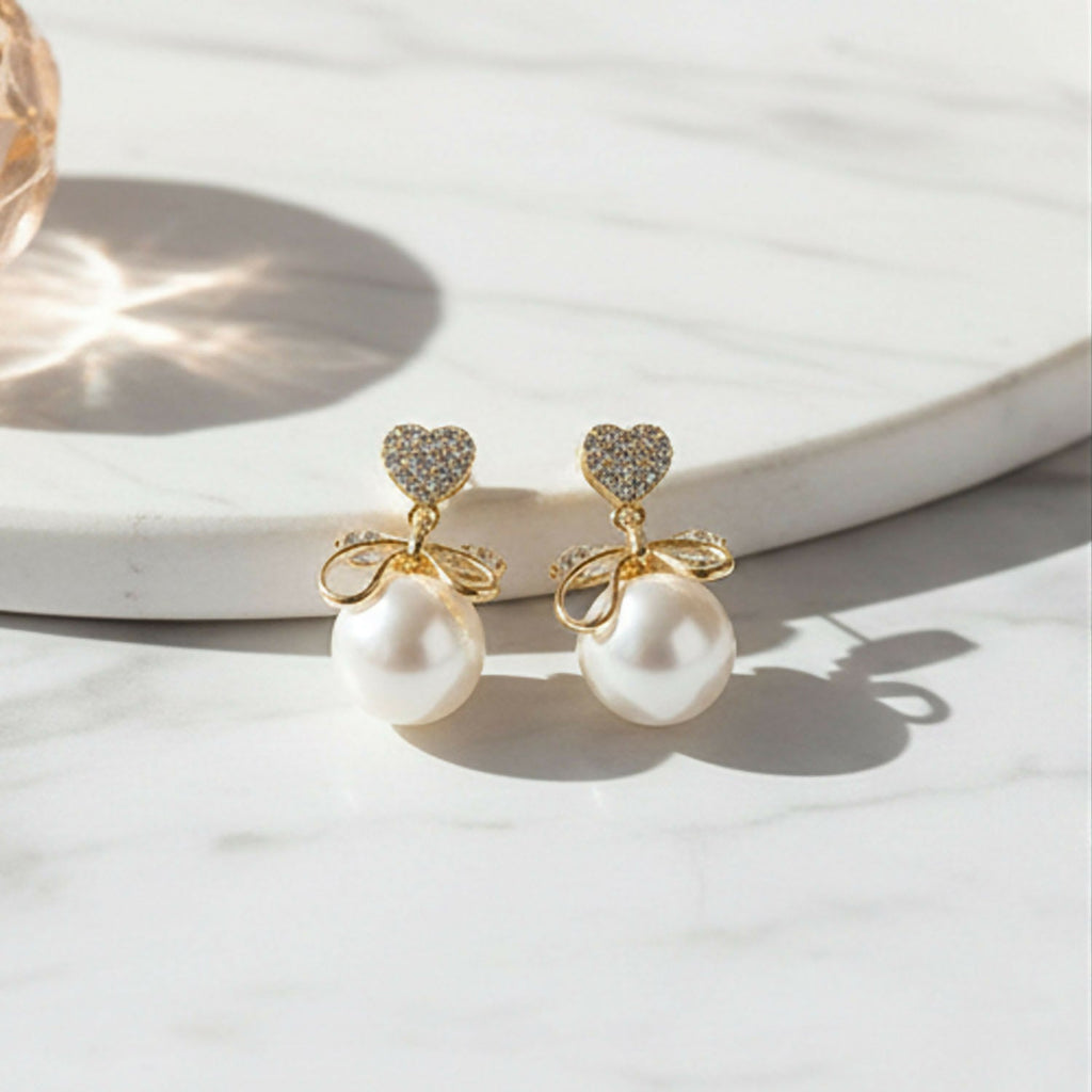 Romantic Heart Crystal & Pearl Bow Earrings – 14K Gold Plated Drop Earrings for Women