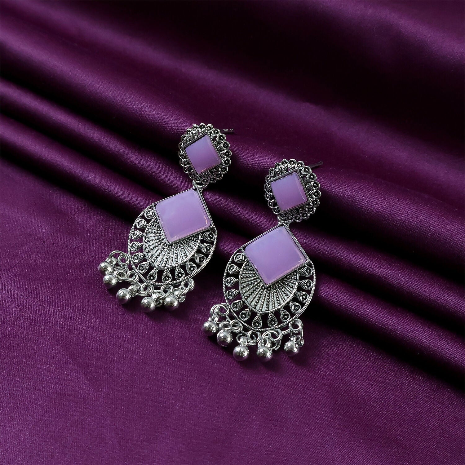 Traditional Indian Oxidized Silver Plated Dangle Earrings with Square Lavender