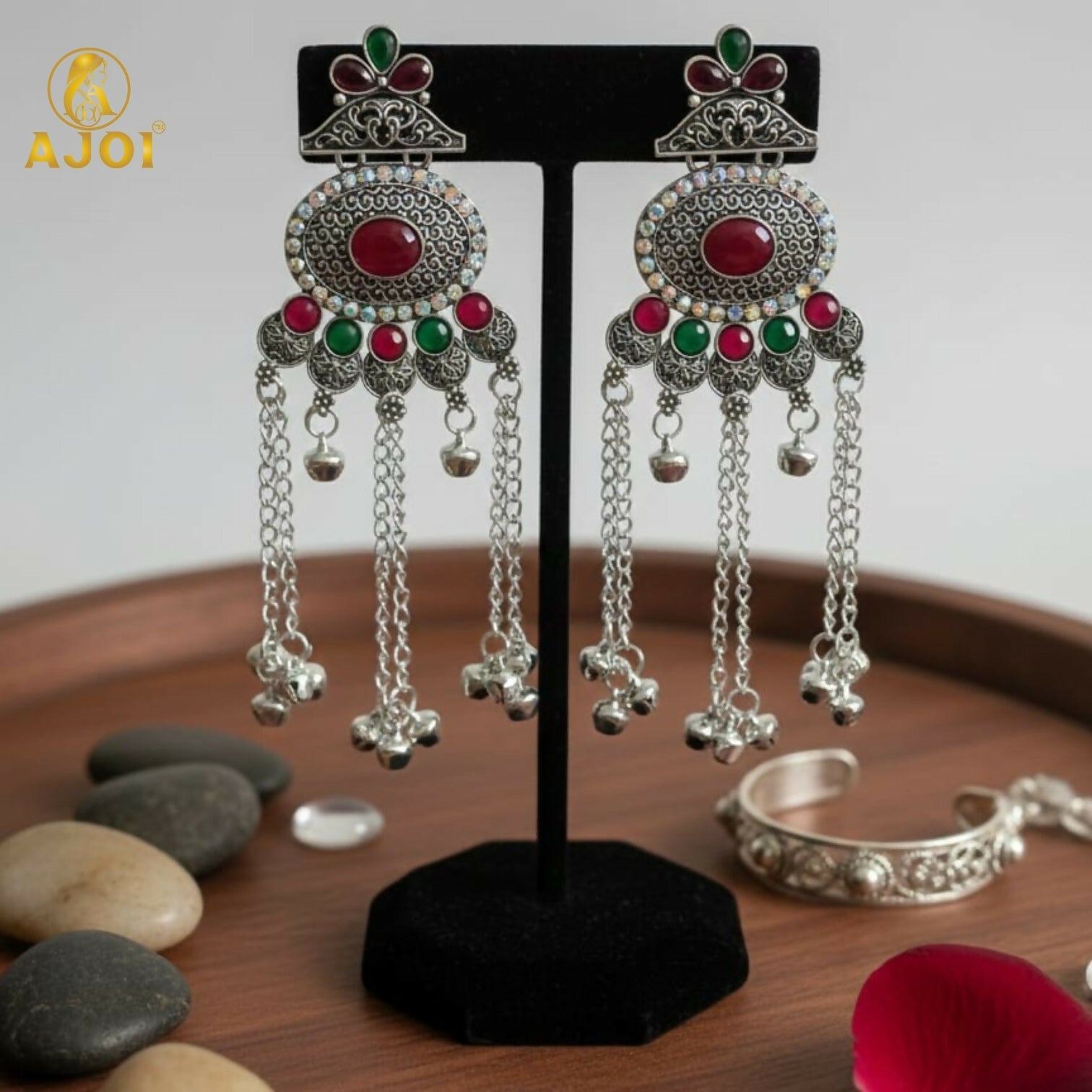 Kashmiri Style Oxidised Silver Long Earrings For Women And Girls