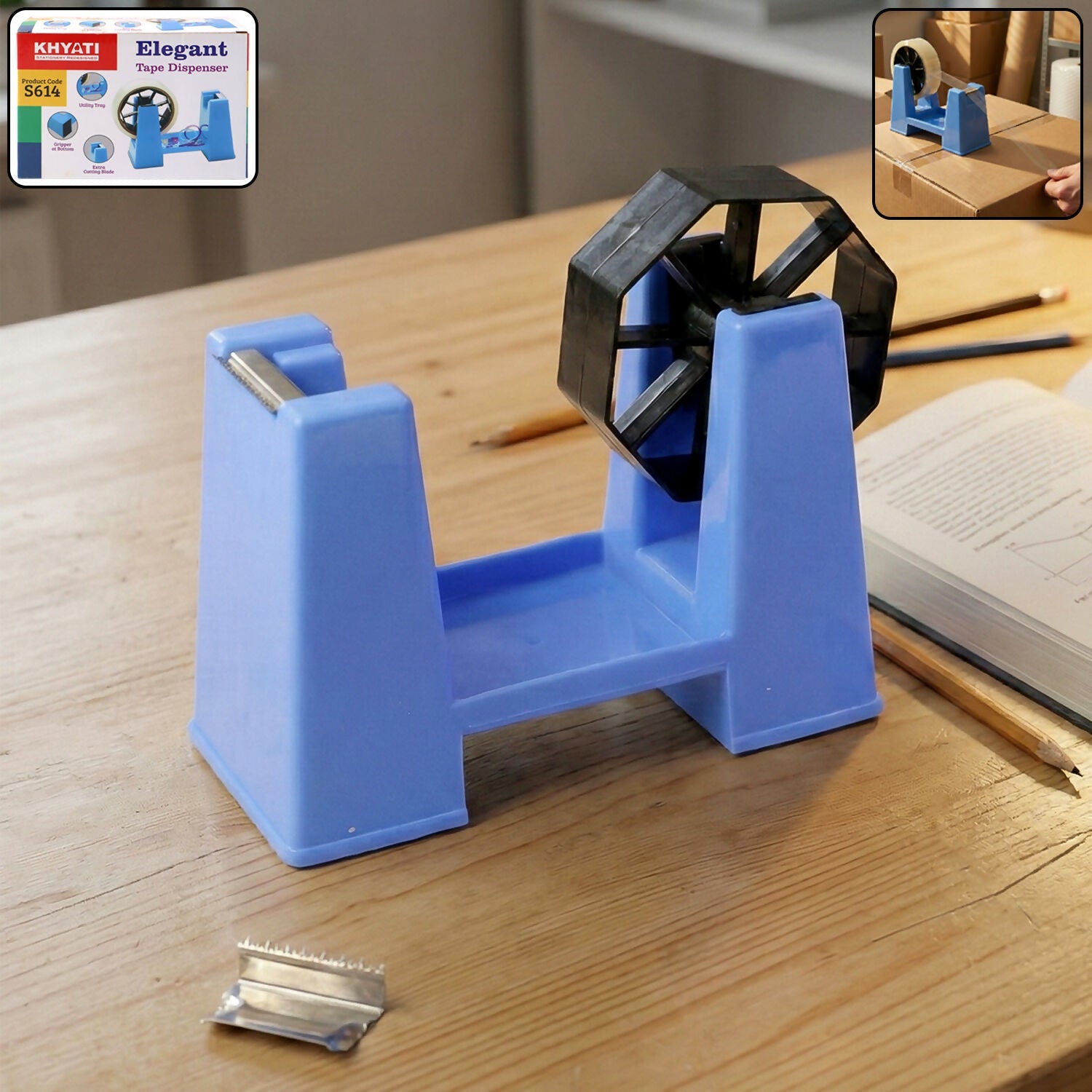 Tape Dispenser with Utility Tray and Cutting Blade for Office, School and Home Use