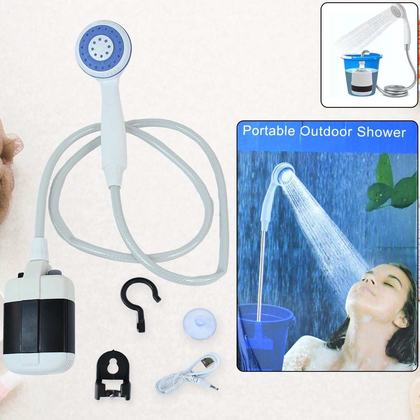 Portable outdoor shower kit with USB rechargeable water pump and shower head