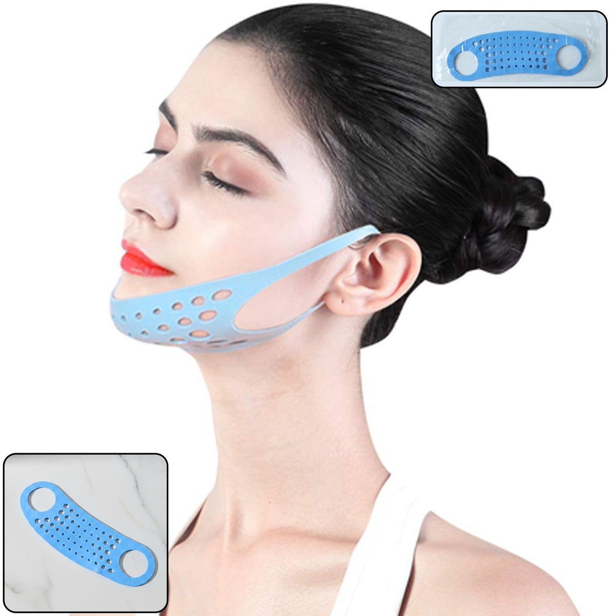 A woman wears a blue silicone chin and ear strap, with insets showing the product unpackaged and packaged
