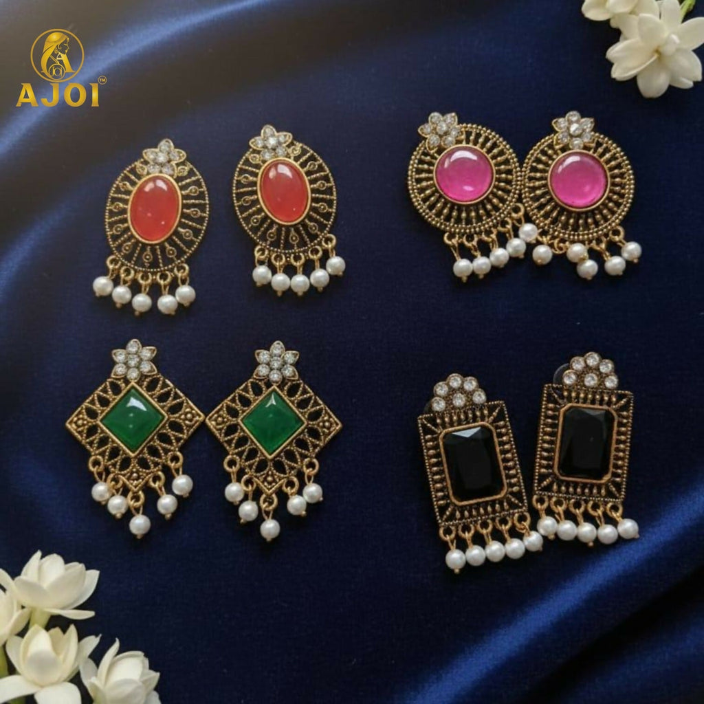 Royal Antique Stone & Pearl Drop Earrings Combo – 4 Designer Pairs