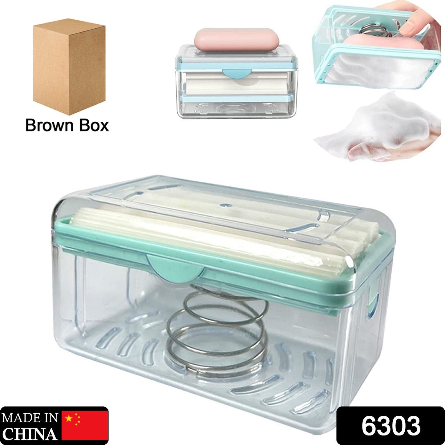A clear soap dispenser with mint green accents, a brown box, and small insets showing usage.
