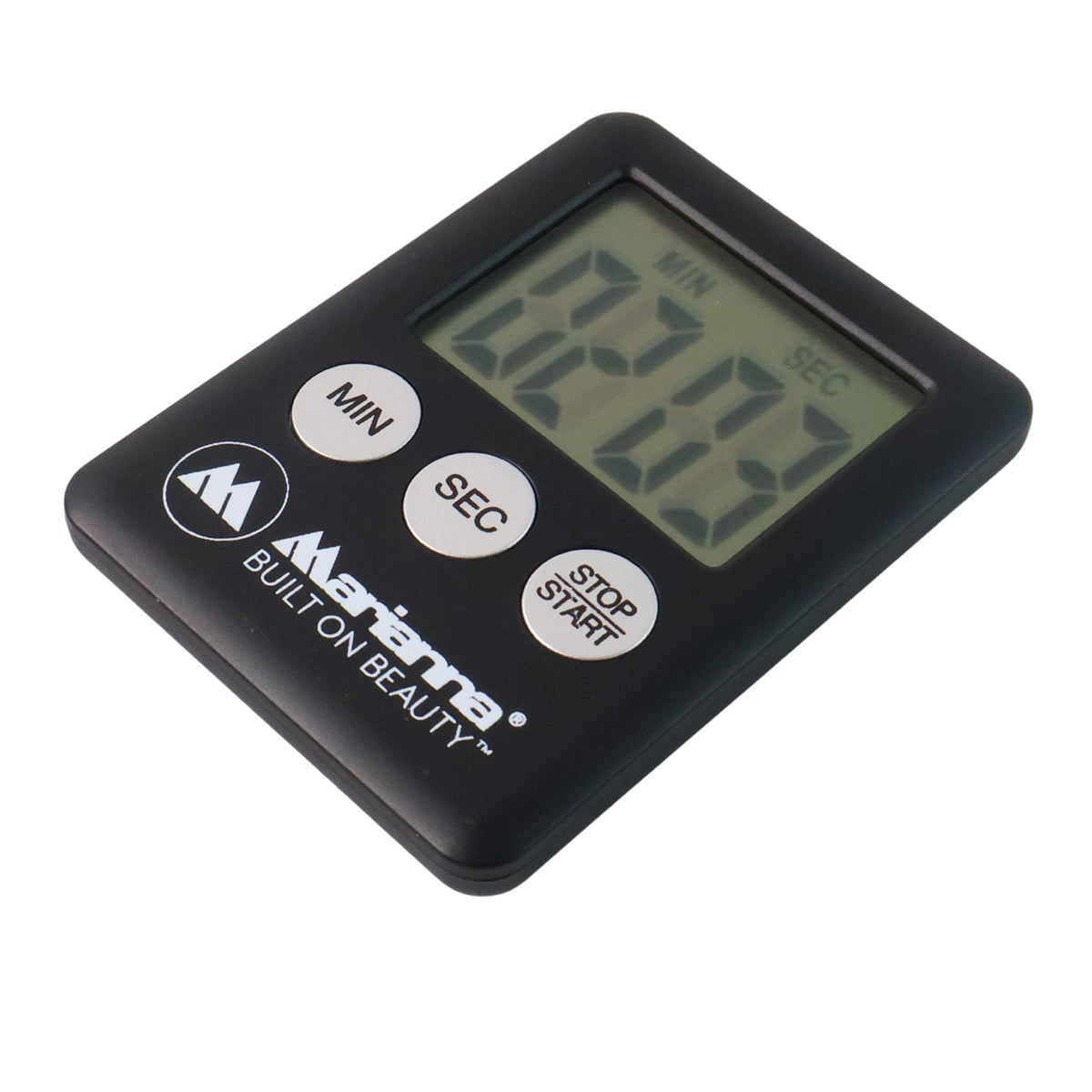 A black rectangular digital timer with three white buttons and a clear screen displaying 02:03, on a white background.