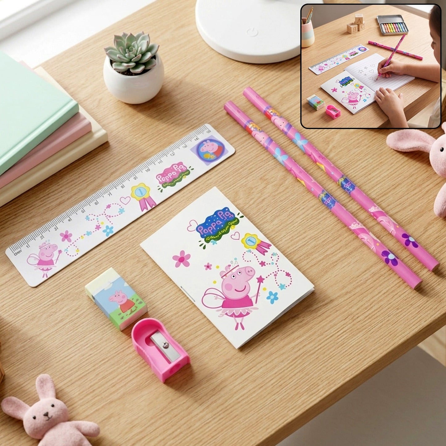A Peppa Pig stationery set with pencils, ruler, eraser, sharpener, and notebook on a wooden desk.