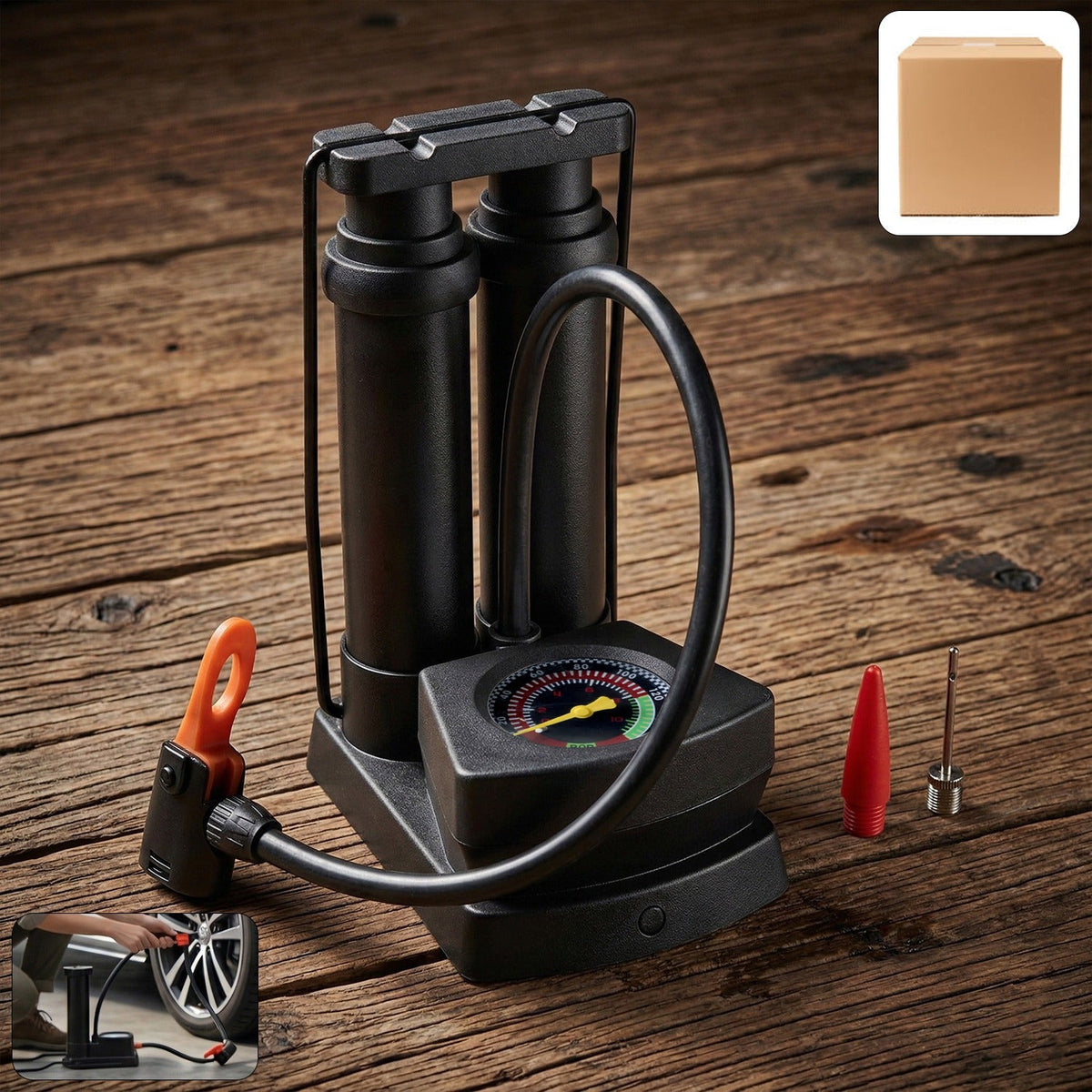 A black foot air pump with a pressure gauge and orange nozzle, on a wooden surface, with a brown box icon